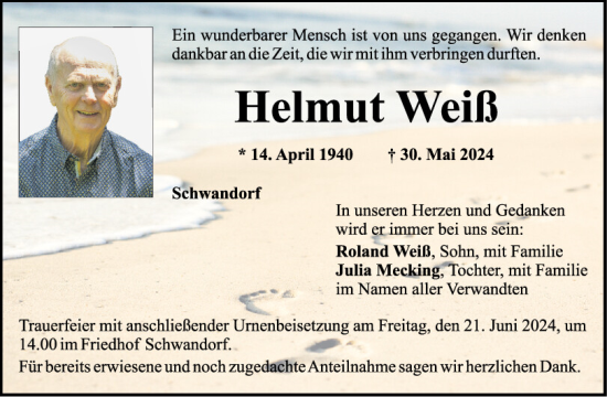 Traueranzeige von Helmut Weiß von Mittelbayerische Zeitung Schwandorf