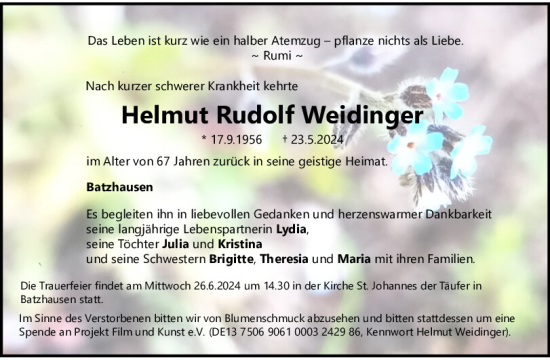 Traueranzeige von Helmut Rudolf Weidinger von Neumarkter Tagblatt