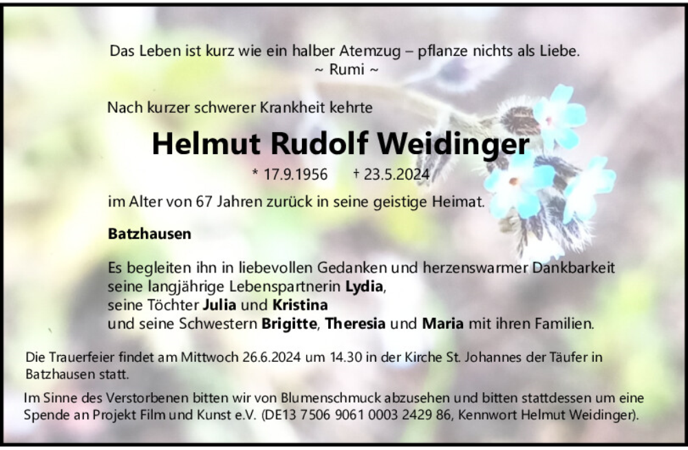  Traueranzeige für Helmut Rudolf Weidinger vom 22.06.2024 aus Neumarkter Tagblatt