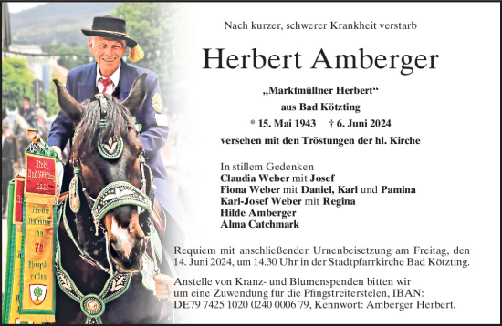 Traueranzeige von Herbert Amberger von Bayerwald Echo
