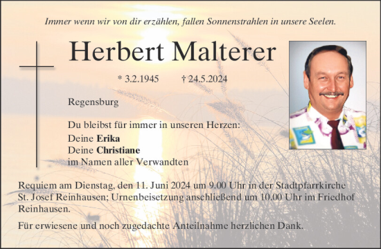 Traueranzeige von Herbert Malterer von Mittelbayerische Zeitung Regensburg
