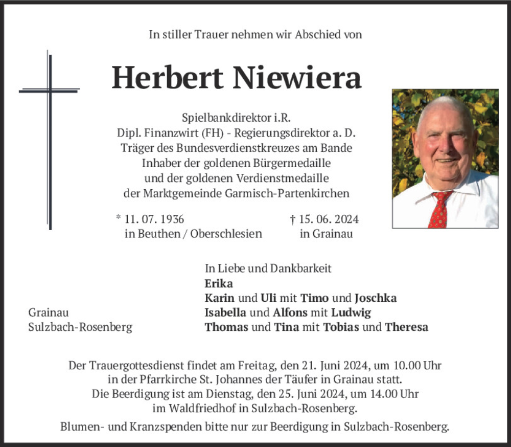  Traueranzeige für Herbert Niewiera vom 19.06.2024 aus Mittelbayerische Zeitung Regensburg