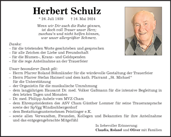 Traueranzeige von Herbert Schulz von Bayerwald Echo