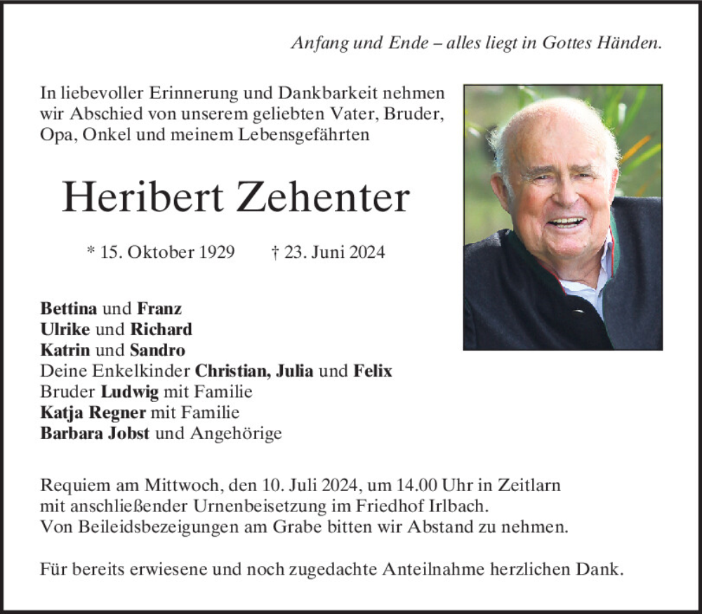  Traueranzeige für Heribert Zehenter vom 29.06.2024 aus Mittelbayerische Zeitung Regensburg