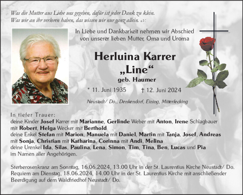  Traueranzeige für Herluina Karrer vom 15.06.2024 aus Mittelbayerische Zeitung Kelheim