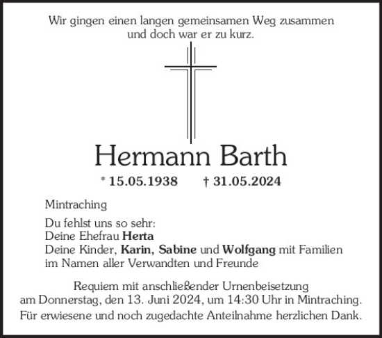 Traueranzeige von Hermann Barth von Mittelbayerische Zeitung Regensburg