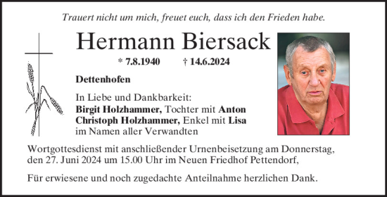 Traueranzeige von Hermann Biersack von Mittelbayerische Zeitung Regensburg