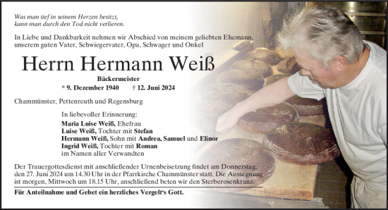Traueranzeige von Hermann Weiß von Bayerwald Echo