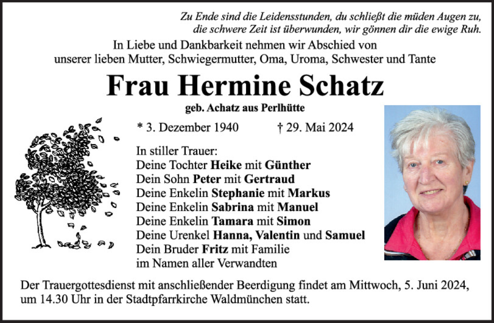  Traueranzeige für Hermine Schatz vom 03.06.2024 aus Bayerwald Echo