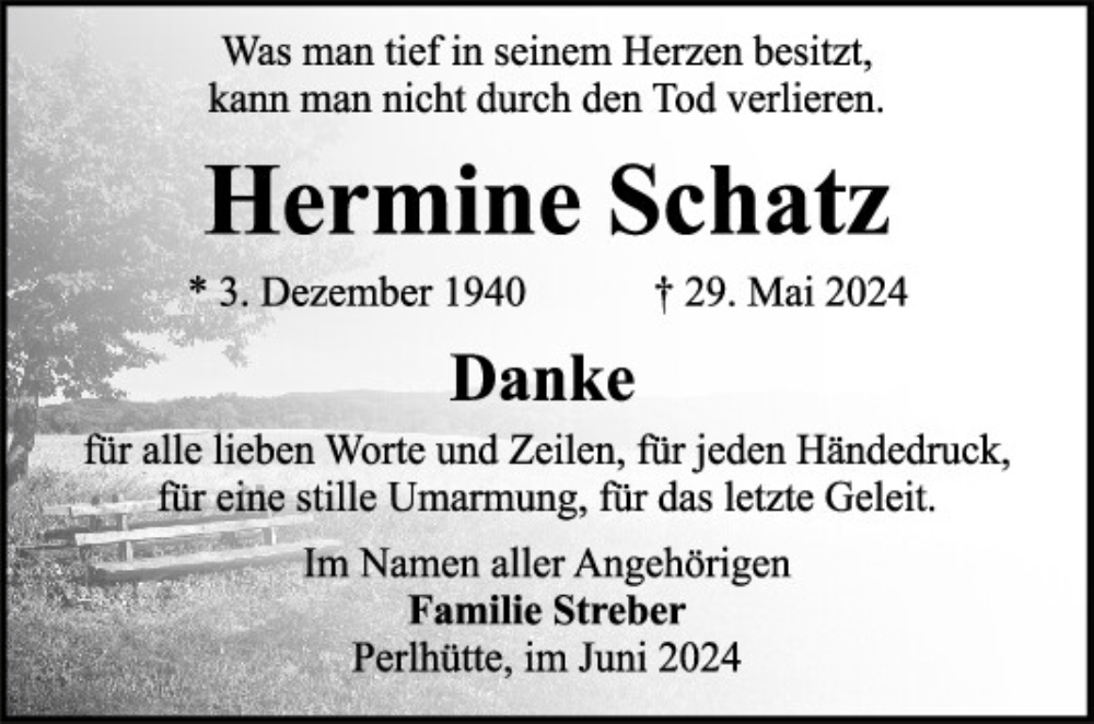  Traueranzeige für Hermine Schatz vom 15.06.2024 aus Bayerwald Echo
