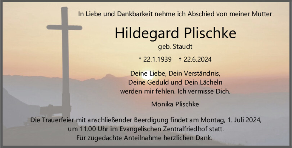  Traueranzeige für Hildegard Plischke vom 29.06.2024 aus Mittelbayerische Zeitung Regensburg