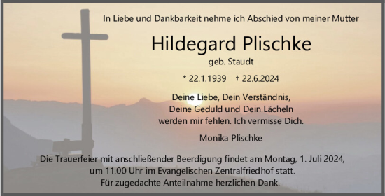 Traueranzeige von Hildegard Plischke von Mittelbayerische Zeitung Regensburg