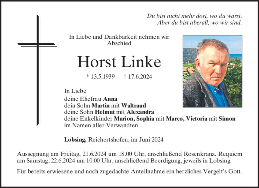  Traueranzeige für Horst Linke vom 20.06.2024 aus Mittelbayerische Zeitung Kelheim