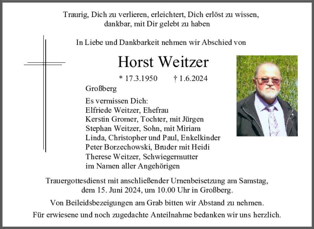  Traueranzeige für Horst Weitzer vom 08.06.2024 aus Mittelbayerische Zeitung Kelheim