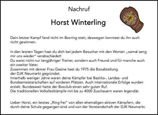 Traueranzeige von Horst Winterling von Neumarkter Tagblatt