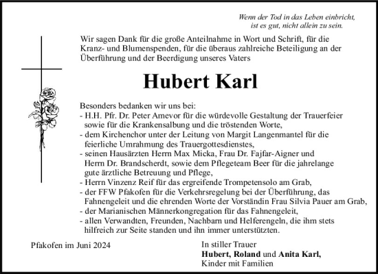 Traueranzeige von Hubert Karl von Mittelbayerische Zeitung Regensburg