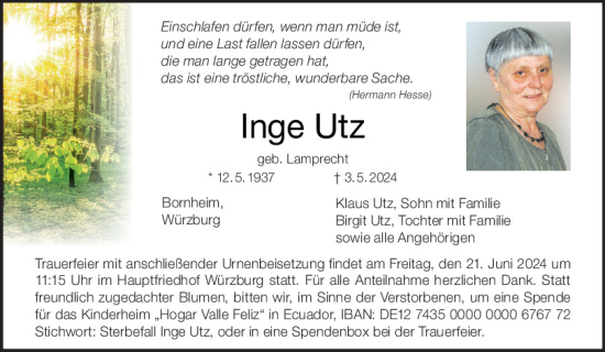 Traueranzeige von Inge Utz von Bayerwald Echo
