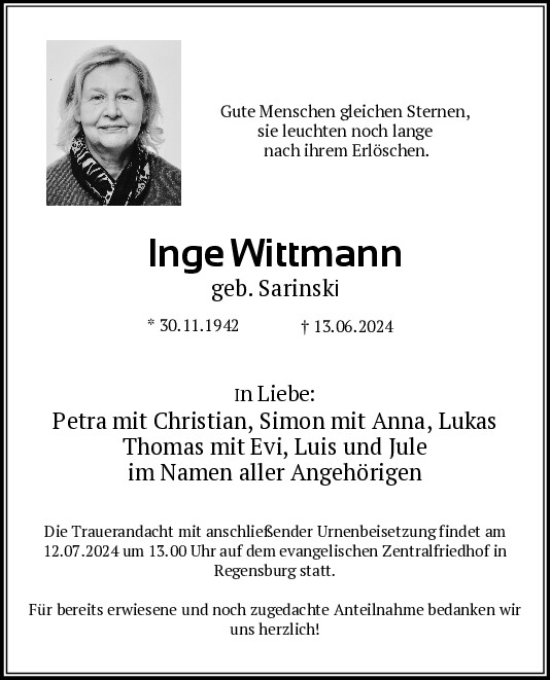 Traueranzeige von Inge Wittmann von Mittelbayerische Zeitung Regensburg