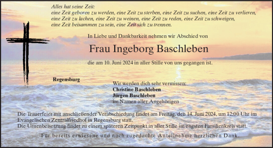Traueranzeige von Ingeborg Baschleben von Mittelbayerische Zeitung Regensburg