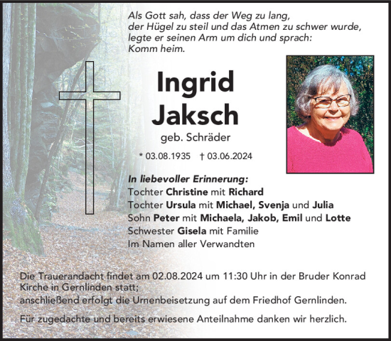 Traueranzeige von Ingrid Jaksch von Mittelbayerische Zeitung Regensburg