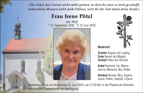 Traueranzeige von Irene Pötzl von Mittelbayerische Zeitung Schwandorf