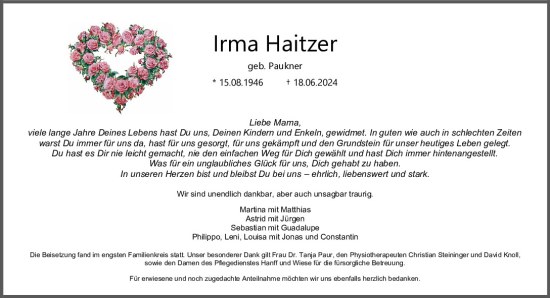 Traueranzeige von Irma Haitzer von Mittelbayerische Zeitung Regensburg