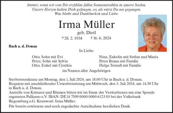 Traueranzeige von Irma Müller von Mittelbayerische Zeitung Regensburg
