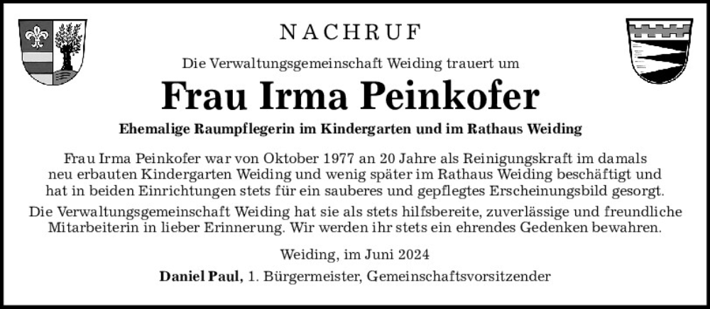  Traueranzeige für Irma Peinkofer vom 15.06.2024 aus Bayerwald Echo