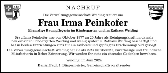 Traueranzeige von Irma Peinkofer von Bayerwald Echo