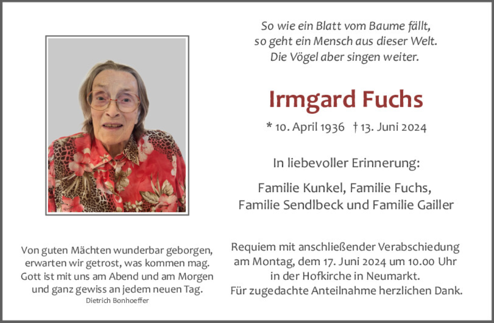  Traueranzeige für Irmgard Fuchs vom 15.06.2024 aus Neumarkter Tagblatt