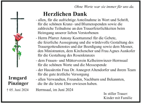 Traueranzeige von Irmgard Pinzinger von Mittelbayerische Zeitung Kelheim
