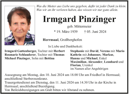 Traueranzeige von Irmgard Pinzinger von Mittelbayerische Zeitung Kelheim