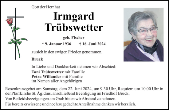 Traueranzeige von Irmgard Trübswetter von Mittelbayerische Zeitung Schwandorf