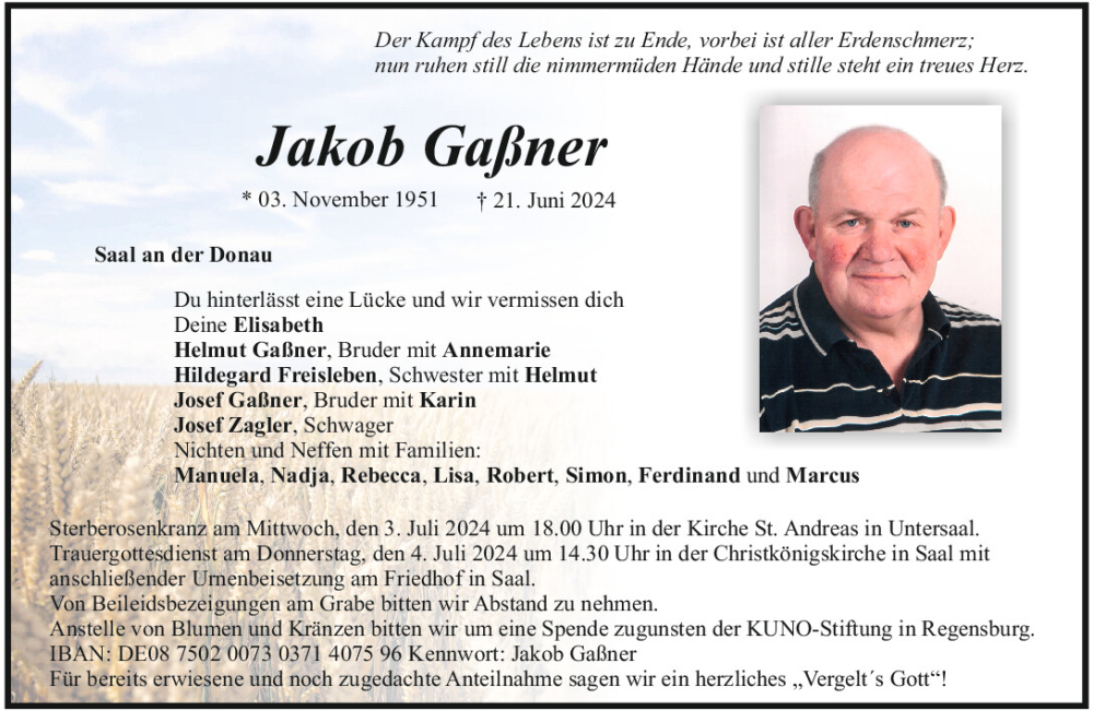  Traueranzeige für Jakob Gaßner vom 29.06.2024 aus Mittelbayerische Zeitung Kelheim