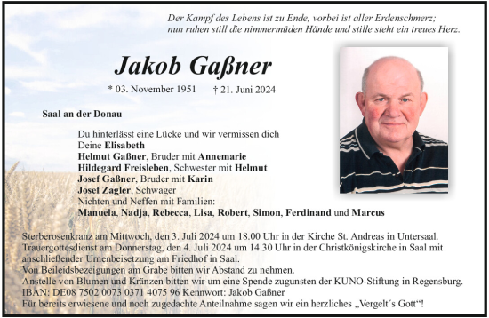 Traueranzeige von Jakob Gaßner von Mittelbayerische Zeitung Kelheim
