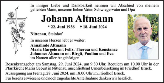 Traueranzeige von Johann Altmann von Mittelbayerische Zeitung Regensburg