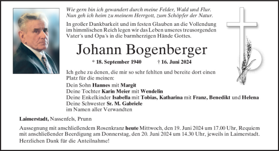 Traueranzeige von Johann Bogenberger von Mittelbayerische Zeitung Kelheim