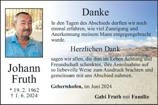 Traueranzeige von Johann Fruth von Neumarkter Tagblatt