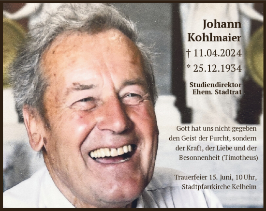 Traueranzeige von Johann Kohlmaier von Mittelbayerische Zeitung Kelheim