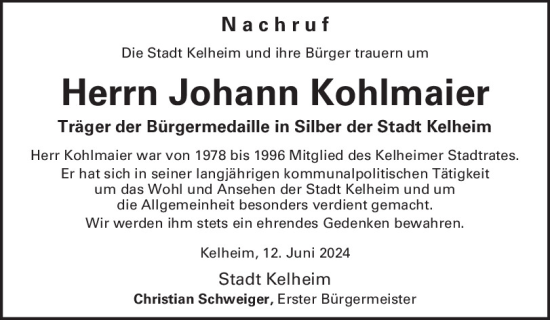 Traueranzeige von Johann Kohlmaier von Mittelbayerische Zeitung Kelheim