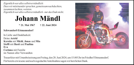 Traueranzeige von Johann Mändl von Mittelbayerische Zeitung Schwandorf