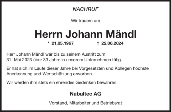 Traueranzeige von Johann Mändl von Mittelbayerische Zeitung Schwandorf