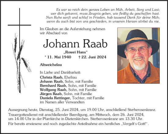 Traueranzeige von Johann Raab von Mittelbayerische Zeitung Schwandorf