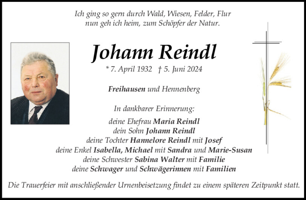  Traueranzeige für Johann Reindl vom 08.06.2024 aus Neumarkter Tagblatt