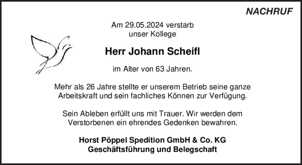  Traueranzeige für Johann Scheifl vom 07.06.2024 aus Mittelbayerische Zeitung Gesamtausgabe