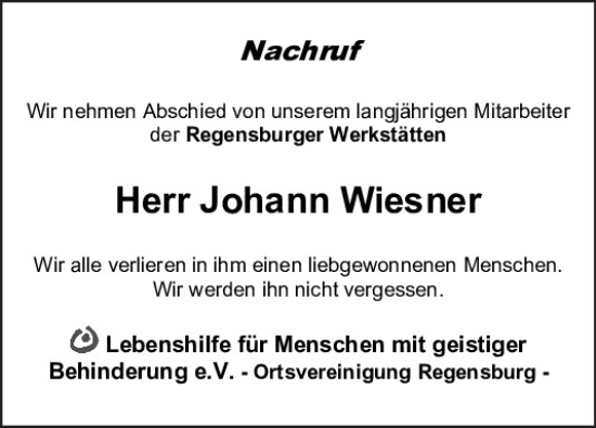 Traueranzeige von Johann Wiesner von Mittelbayerische Zeitung Regensburg