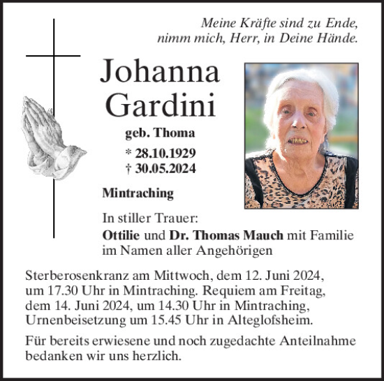Traueranzeige von Johanna Gardini von Mittelbayerische Zeitung Regensburg