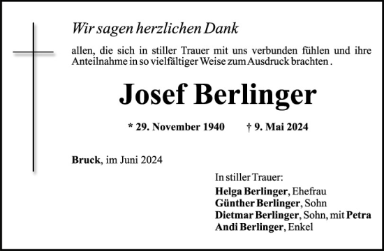 Traueranzeige von Josef Berlinger von Mittelbayerische Zeitung Schwandorf
