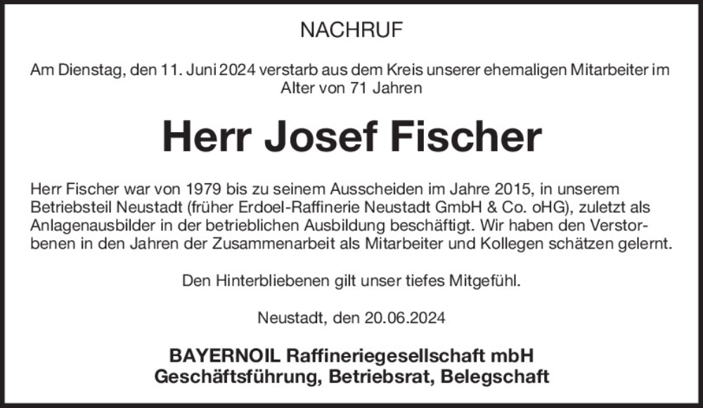  Traueranzeige für Josef Fischer vom 20.06.2024 aus Mittelbayerische Zeitung Kelheim