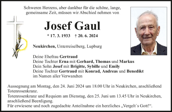Traueranzeige von Josef Gaul von Mittelbayerische Zeitung Regensburg